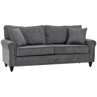 3 Seater Sofa, Fabric Sofa with Rubber Wood Legs, Nail head Trim, 2 Pillows, Small Upholstered Couch Settee for Living Room, Guest Room, Grey