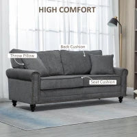 3 Seater Sofa, Fabric Sofa with Rubber Wood Legs, Nail head Trim, 2 Pillows, Small Upholstered Couch Settee for Living Room, Guest Room, Grey