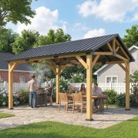 Out sunny 3.5 x 4 m Hardtop Gazebo Canopy with Galvanised Metal Roof, Fir Wood Frame and Hook for Patio, Garden, Black Grey