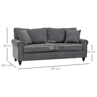 3 Seater Sofa, Fabric Sofa with Rubber Wood Legs, Nail head Trim, 2 Pillows, Small Upholstered Couch Settee for Living Room, Guest Room, Grey