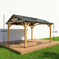 Out sunny 3.5 x 4 m Hardtop Gazebo Canopy with Galvanised Metal Roof, Fir Wood Frame and Hook for Patio, Garden, Black Grey