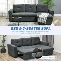 3 Seater Sofa Bed, Pull Out Sofa Bed with Storage for Living Room, Dark Grey