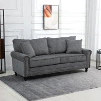 3 Seater Sofa, Fabric Sofa with Rubber Wood Legs, Nail head Trim, 2 Pillows, Small Upholstered Couch Settee for Living Room, Guest Room, Grey