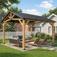 Out sunny 3.5 x 4 m Hardtop Gazebo Canopy with Galvanised Metal Roof, Fir Wood Frame and Hook for Patio, Garden, Black Grey